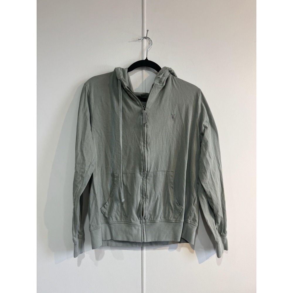 AllSaints Hoodie Mens Large Green Full Zip Lightweight Jersey Sweatshirt Logo